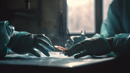 Surgeon hand medical gloves working in operating room. Generative AIの素材