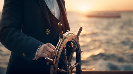 Businessman holding a steering wheel of a ship. Generative AIの素材