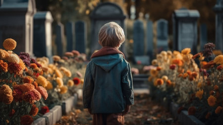 Little boy in the cemetery. Generative AIの素材