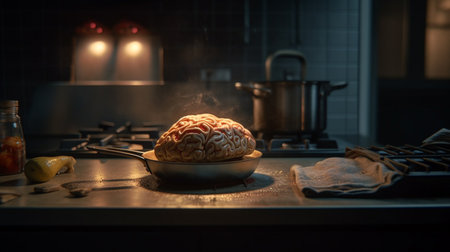 Human brain in a frying pan on the stove. Generative AIの素材
