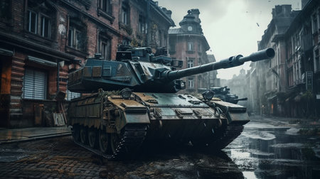 Heavy military tank in the ruins of the city. Generative AIの素材