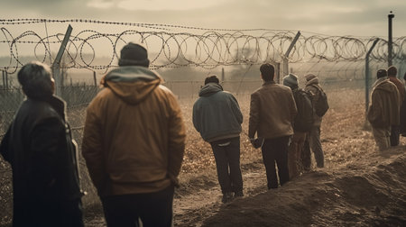 Group of refugees going to other country. Generative AIの素材