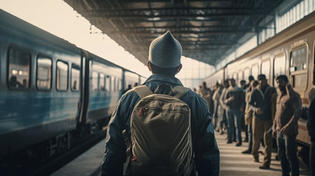 Rear view of a backpack at the train station. Generative AIの素材