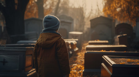 Little boy in the cemetery. Generative AIの素材