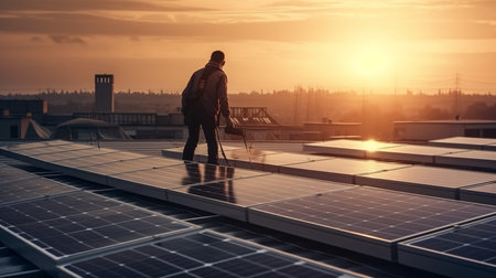 Technician installing solar panels on the roof. Generative AIの素材