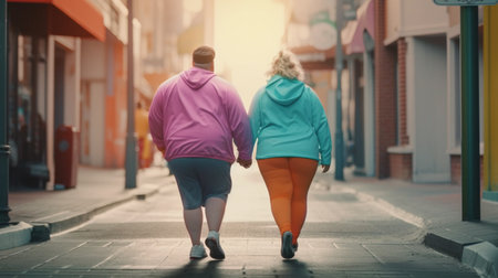 Rear view of a very fat couple walking in the city. Generative AIの素材