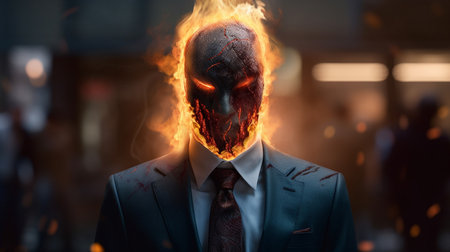 Businessman with burning head. overworked. stress. Generative AIの素材