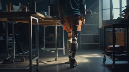 Rear view of man with prosthetic leg. Generative AIの素材