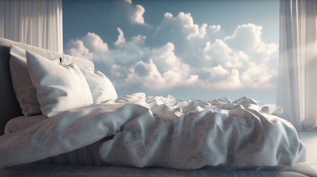 Comfortable bed with white pillows at room. Generative AIの素材