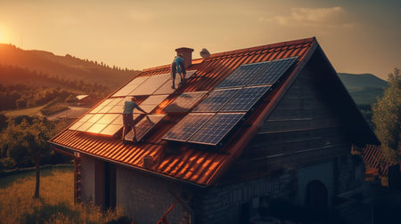 Technician installing solar panels on the roof. Generative AIの素材