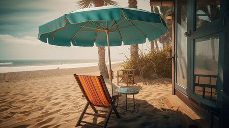 Beach chair and umbrella with a palm tree. Generative AIの素材