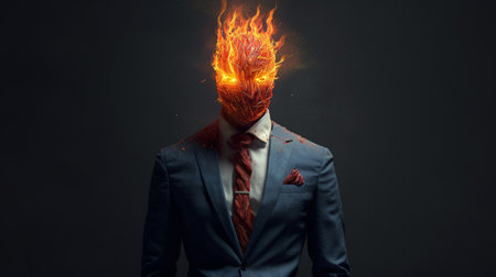 Businessman with burning head. overworked. stress. Generative AIの素材