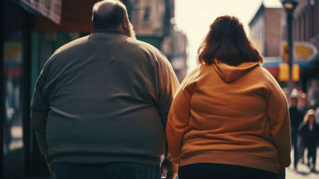 Rear view of a very fat couple walking in the city. Generative AIの素材