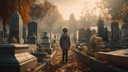 Little boy in the cemetery. Generative AIの素材