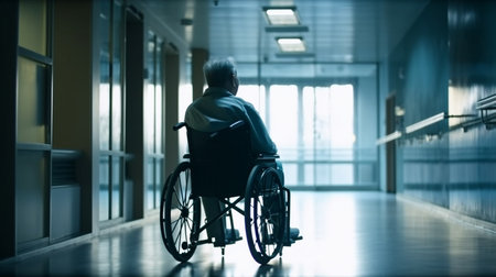Man in a wheelchair in a hospital corridor. Generative AIの素材