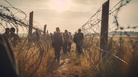Group of refugees going to other country. Generative AIの素材