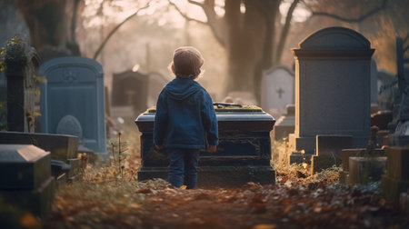 Little boy in the cemetery. Generative AIの素材