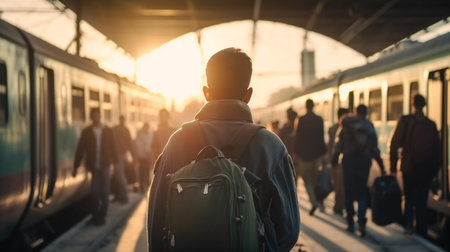 Rear view of a backpack at the train station. Generative AIの素材