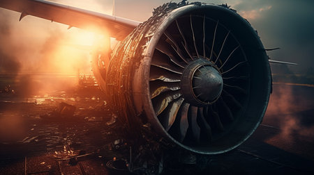 Damaged airplane engine. Generative AIの素材
