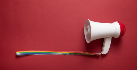 Megaphone on the bordeaux background. Attentionの写真素材