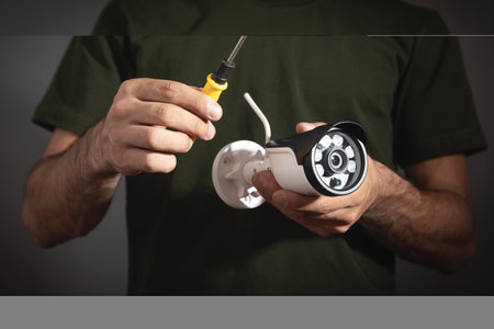 Man holding surveillance security camera and screwdriver.の写真素材