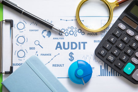 Audit. Business charts, objects, graphs and words. Business concept