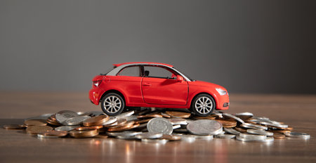 Red toy car and coins on the desk.の写真素材