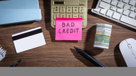 Bad Credit on sticky note with marker, calculator, money.の写真素材