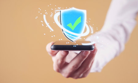 Man showing a shield icon. Web securityの写真素材