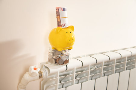 Euro money and piggy bank on the heating radiator.の写真素材