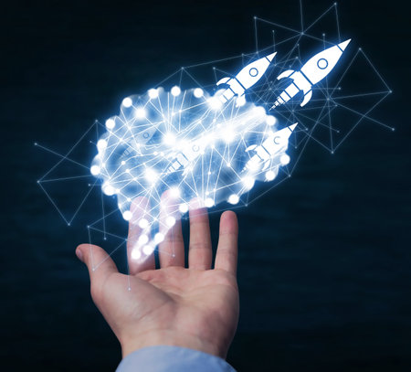 Rockets out of the brain. Creative idea. Startup. Brainstorm conceptの写真素材