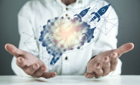 Rockets out of the brain. Creative idea. Startup. Brainstorm concept