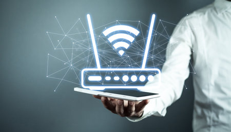 Human showing a Wifi router and network.の写真素材