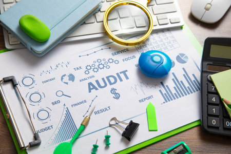 Audit. Business charts, objects, graphs and words. Business conceptの写真素材