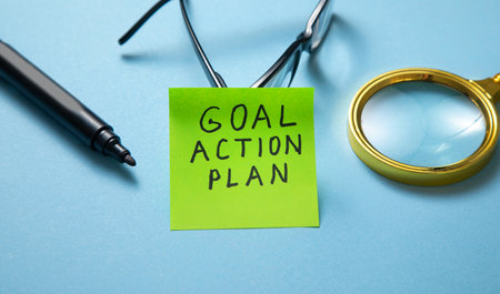 Goal. Action. Plan on sticky note. Business conceptの写真素材