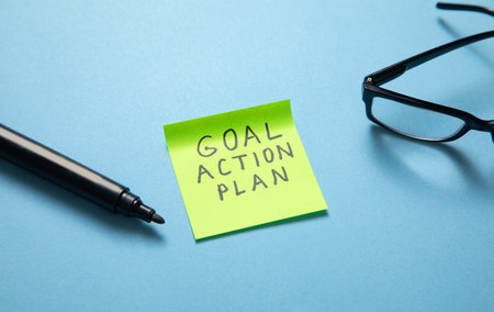 Goal. Action. Plan on sticky note. Business conceptの写真素材