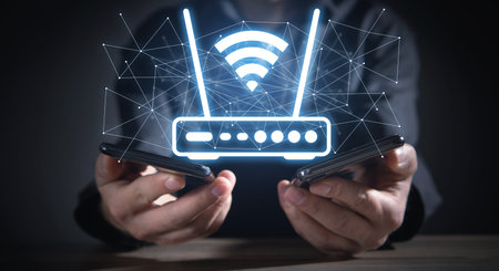 Human showing a Wifi router and network.