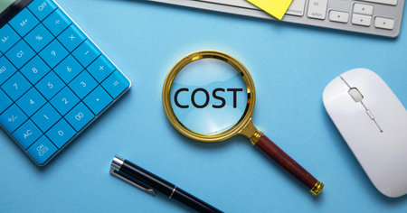 Magnifying glass with a word Cost and business objects. Businessの写真素材