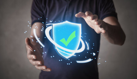 Man showing a shield icon. Web securityの写真素材