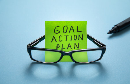 Goal. Action. Plan on sticky note. Business conceptの写真素材