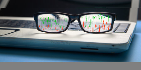 Stock market statistics on eyeglasses. Forex trading analysis