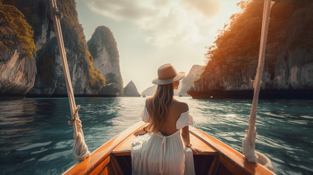 Beautiful young woman in white dress and hat on a boat in the sea. Generative AIの素材