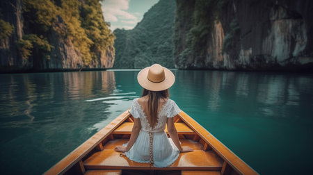 Beautiful young woman in white dress and hat on a boat in the sea. Generative AIの素材
