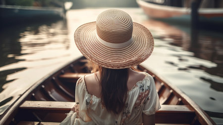 Beautiful young woman in white dress and hat on a boat in the sea. Generative AIの素材