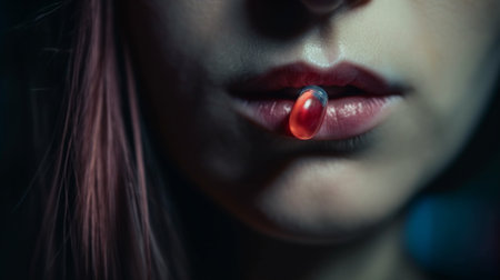 Close-up of a woman mouth vitamin capsule. Generative AIの素材