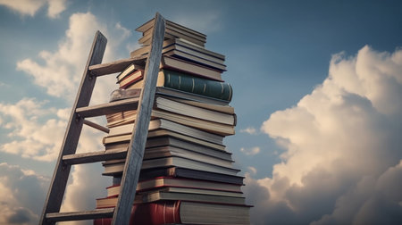 Stack of books and ladder. Generative AIの素材