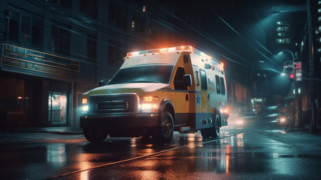Ambulance car on the road at night. Generative AIの素材