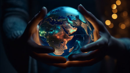 Human hand holding earth planet. Generative AIの素材