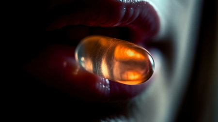 Close-up of a woman mouth vitamin capsule. Generative AIの素材
