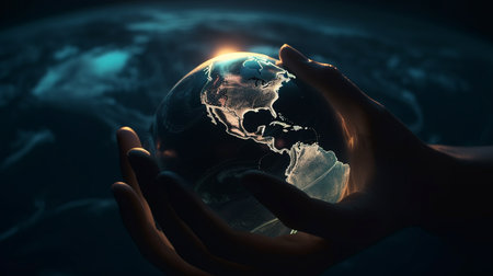 Human hand holding earth planet. Generative AIの素材